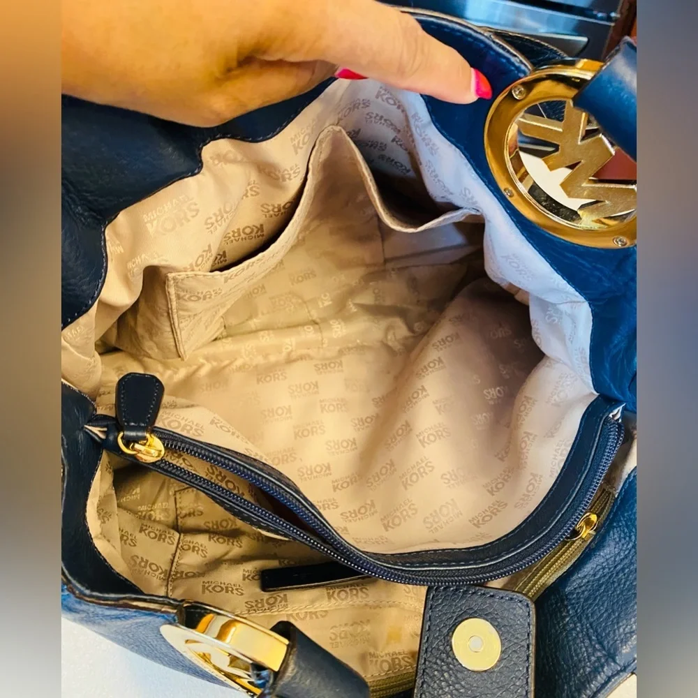 MICHAEL KORS Fulton Blue Pebble Leather Gold MK Logo Hobo Shoulder Bag, EUC